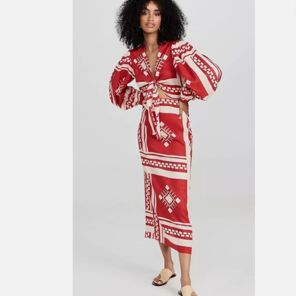 Caroline Constas Red and Cream Printed Midi Dress